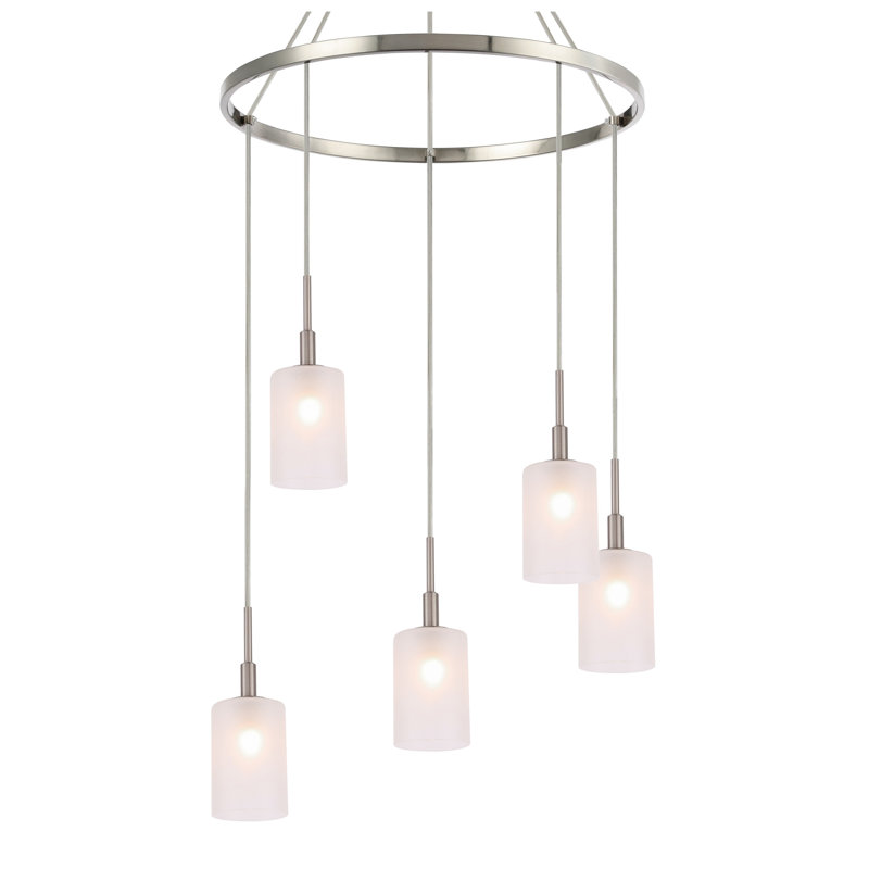 Luminaire suspendu cylindre grappe 5 lumières Herr, Nickel inoxydable