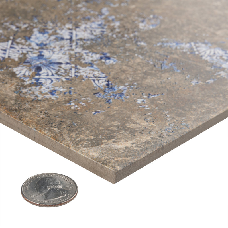 Antigua Deco 13" x 13" Porcelain Vintage Subway Wall & Floor Tile, Brown/Blue
