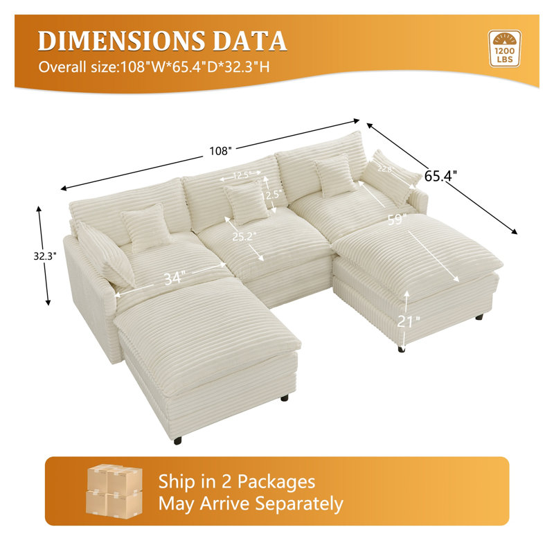 Ensemble de canapé modulaire en U 148 po en velours côtelé avec console centrale et ports USB, canapé Cloud moderne pour le salon