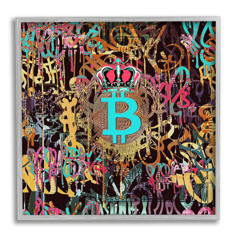 «Graffiti Street Style Bitcoin Symbole» par Irena Orlov - cadre flottant, impression sur bois, H 12 po x l 12 po x P 1,5 po