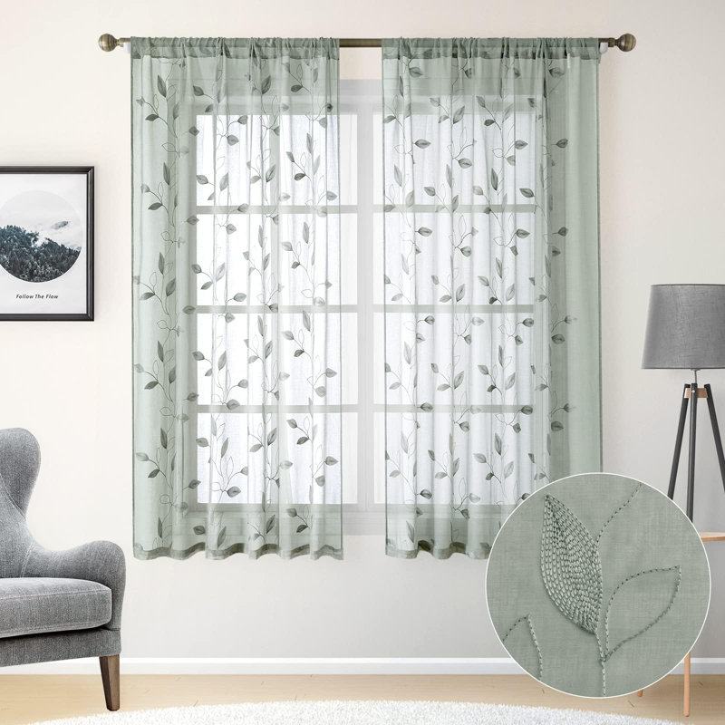 Rideaux de voilage vert diaphane 52 x 63 pouces à motif de feuilles brodées en lin