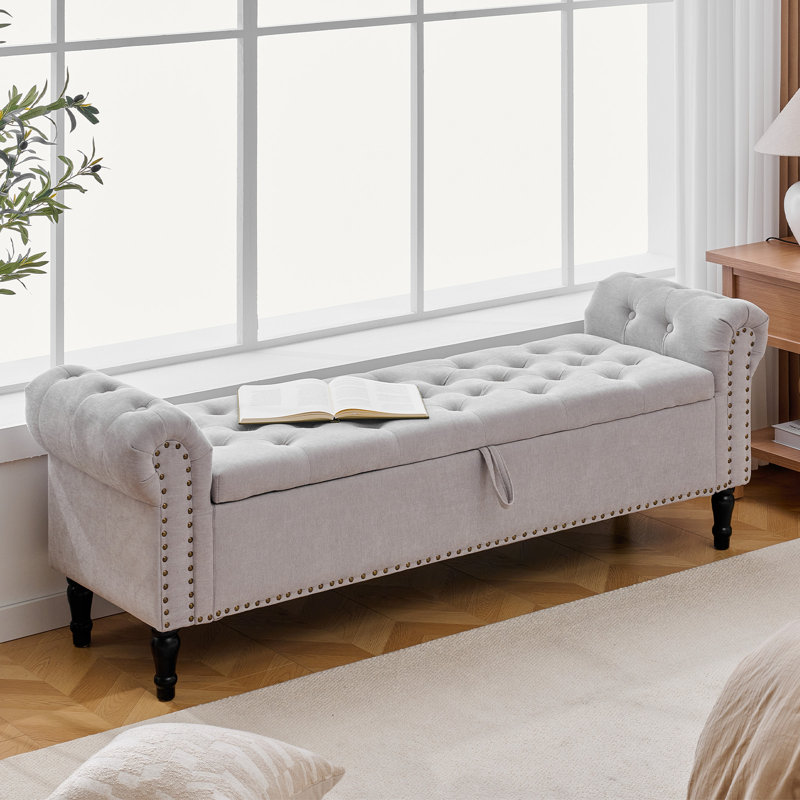 Lunara Upholstered Storage Bench for Bedroom End of Bed King Size with Button-Tufted Seat and Roll Arms, Linen Khaki, 67''W