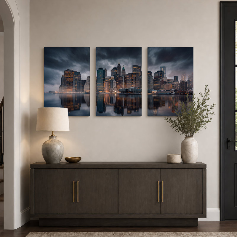 Ensemble d'illustrations murales sur toile Illuminated City Skyline Reflection in Water and Cloudy Sky