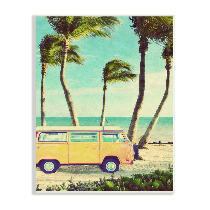 Retro Yellow Van Beach Scene Wood Wall Plaque