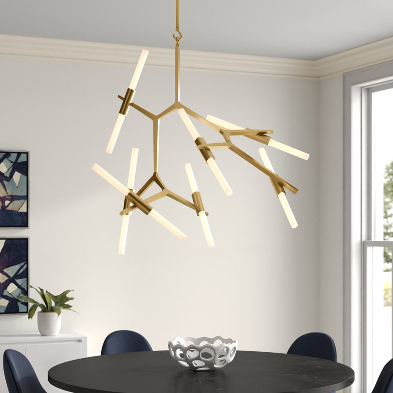 Lustre linéaire spoutnik moderne à 14 lumières Dejong, Laiton brossé