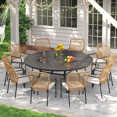 10-person Round Outdoor Patio Dining Set With Stackable Rattan Armchair