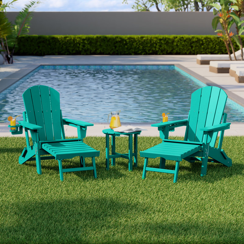 Chaise Adirondack d'extérieur réglable et pliante avec repose-pieds dissimulé et table d'appoint ronde, Turquoise