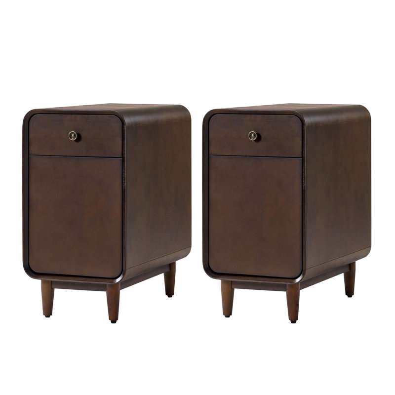 Elmaz MCM Solid Wood 1-Drawer And Legs End Table With Backside Magazine Rack Set of 2, Walnut