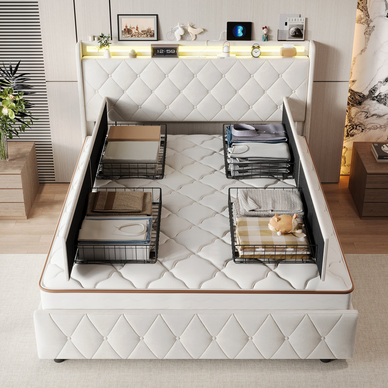 Upholstered Storage Bed, Beige, European Double (140 x 200 cm)