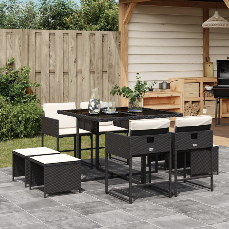 Ensemble repas 9 pièces avec coussins en rotin gris Hokku Designs, Blanc, Noir