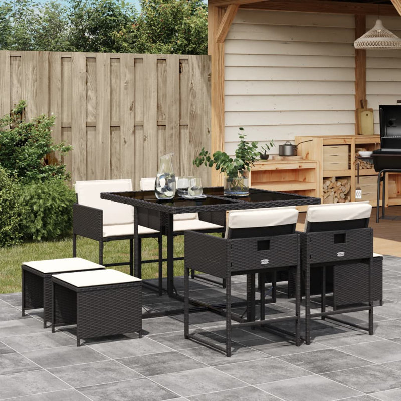 Hokku Designs 9 Piece Patio Dining Set With Cushions Gray Poly Rattan, Black, White