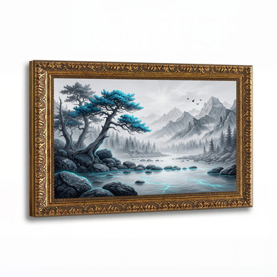 Tableau sur toile représentant un paysage de montagne brumeux avec un pin bleu