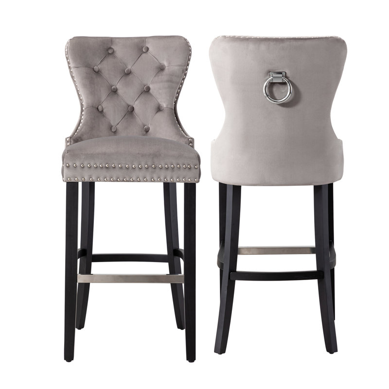 Kirsten Upholstered Counter Stool with Solid Wood Frame, Gray, Bar Stool (29” Seat Height), Black
