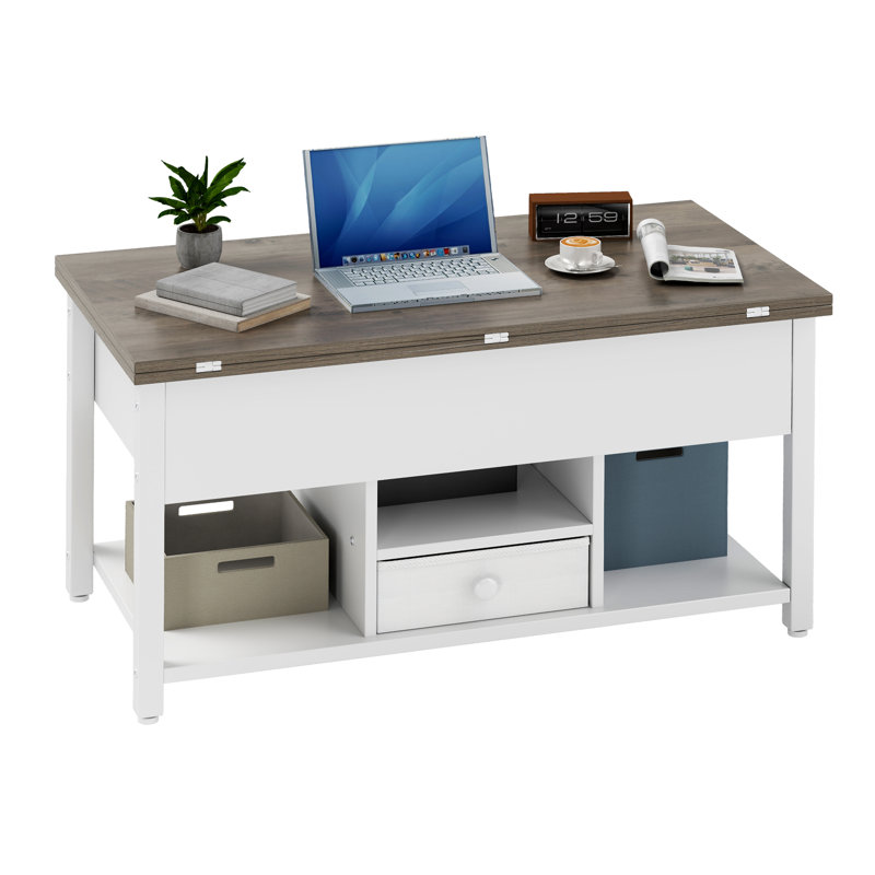 Afeez Lift Top Coffee Table with Storage，Extendable Coffee Table Centre Table for Living Room, White, Grey Wood