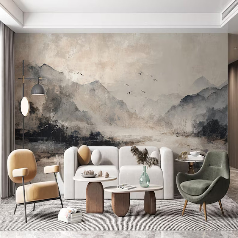 Abstract Neutral Mountain Lake Landscape Wall Mural, 108" L x 160" W