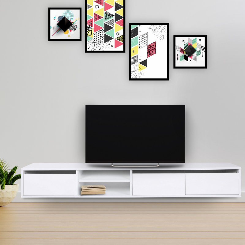 Modern White TV Stand with Numerous Shelves, 70.9 x 11.8 x 11.8 Inches | 100% Melamine Coated Particle Board, Thickness: 0.7 Inches | Wall-Mountable Design, Elegant and Functional for Living Room or Entertainment Area
