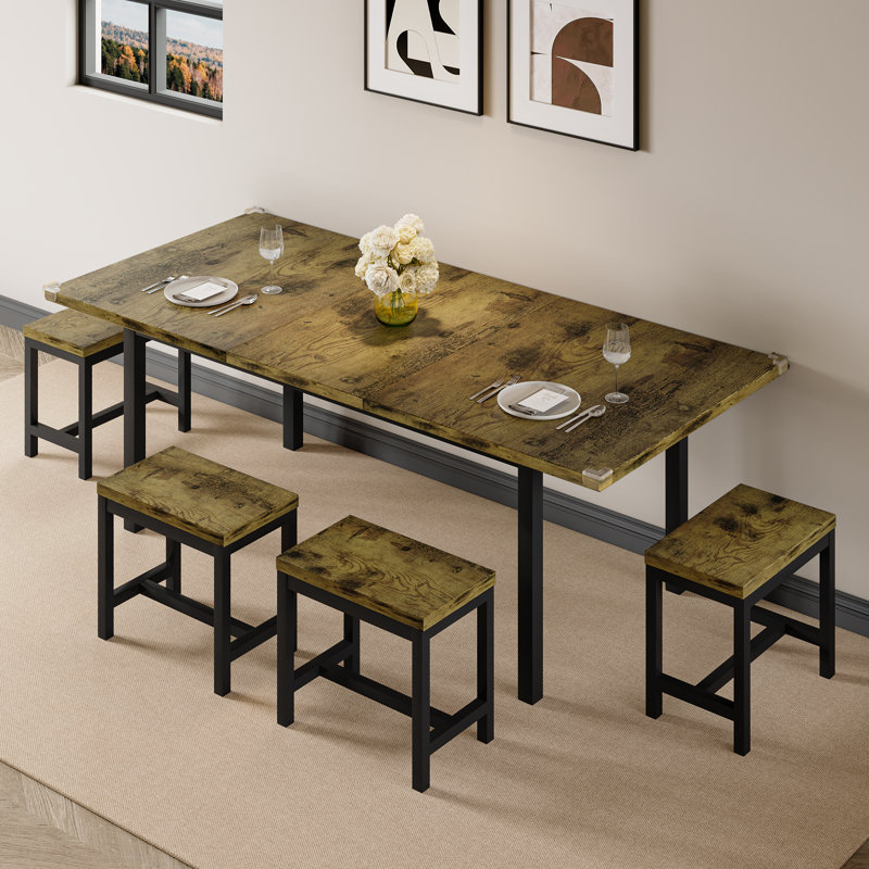Ensemble de table de salle à manger 7 pièces, table de cuisine extensible de 63 po avec 6 tabourets, table de salle à manger moderne avec cadre en métal et panneau de fibres à densité moyenne Mid-Century, peu encombrant, facile à assembler, brun rustique