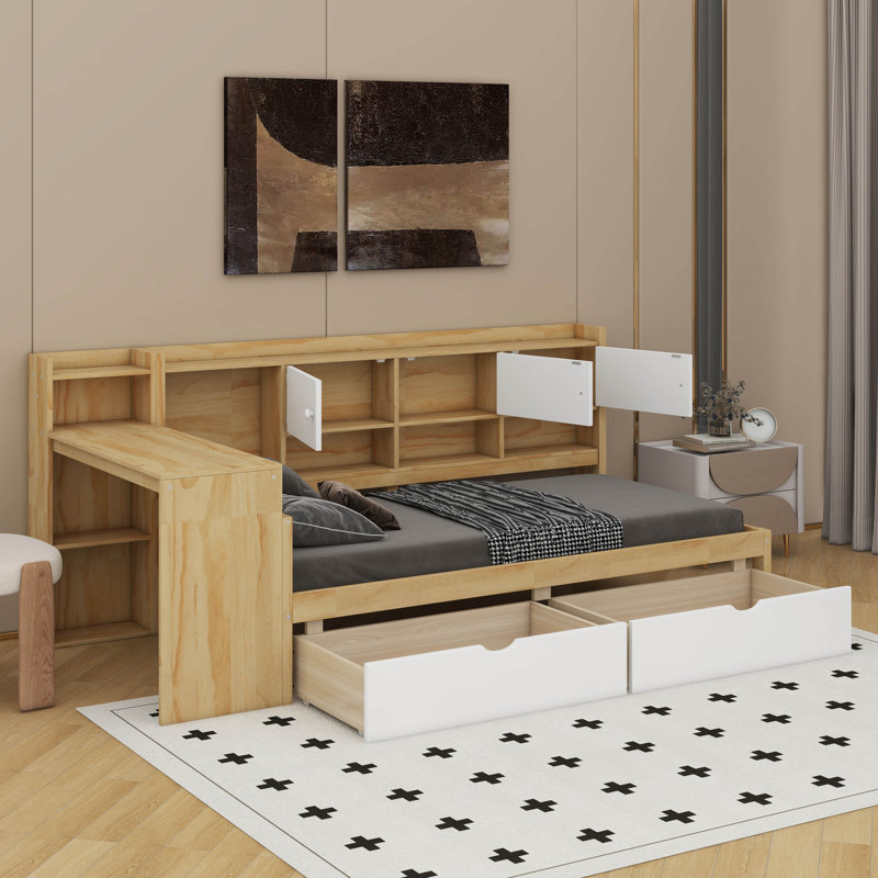 Lit de jour simple en L en bois avec armoires et deux tiroirs de rangement, Naturel / Blanc