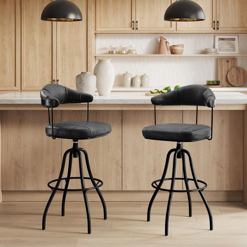 Nootan 29.92" Upholstered Top Grain Genuine Leather Swivel  Bar Stool, Black