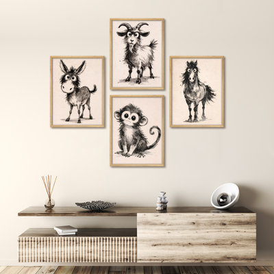 Black White Farm Animal Sketch Framed Wall Art Prints Set of 4 - Donkey Goat Monkey Horse Kids Room Nursery