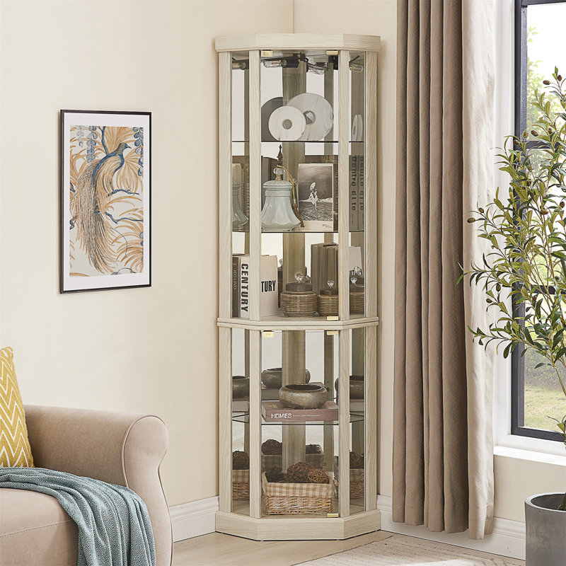 Vitrine d'angle lumineuse avec tablettes réglables, dossier en miroir et éclairage intégré pour une présentation élégante.