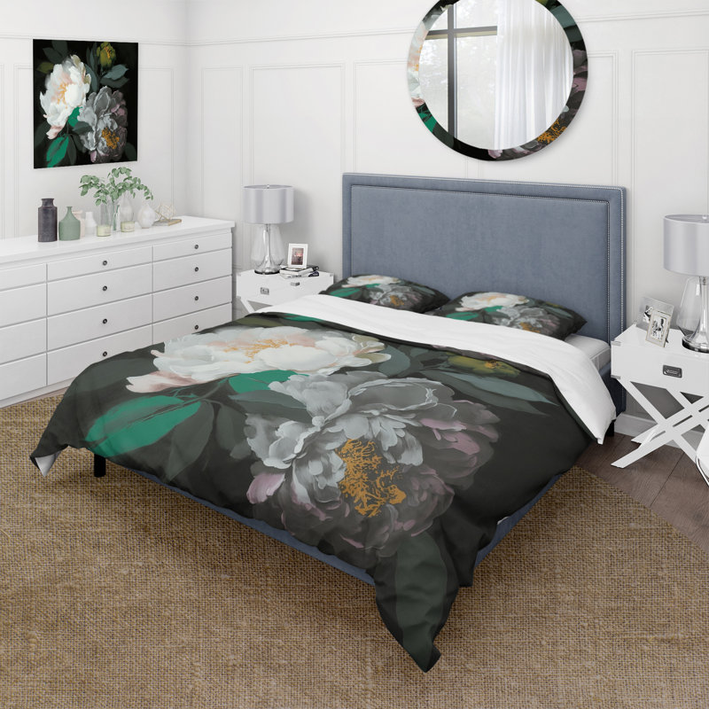Ensemble de housse de couette en microfibre / polyester White Blossoming Peony On Black I Bedding