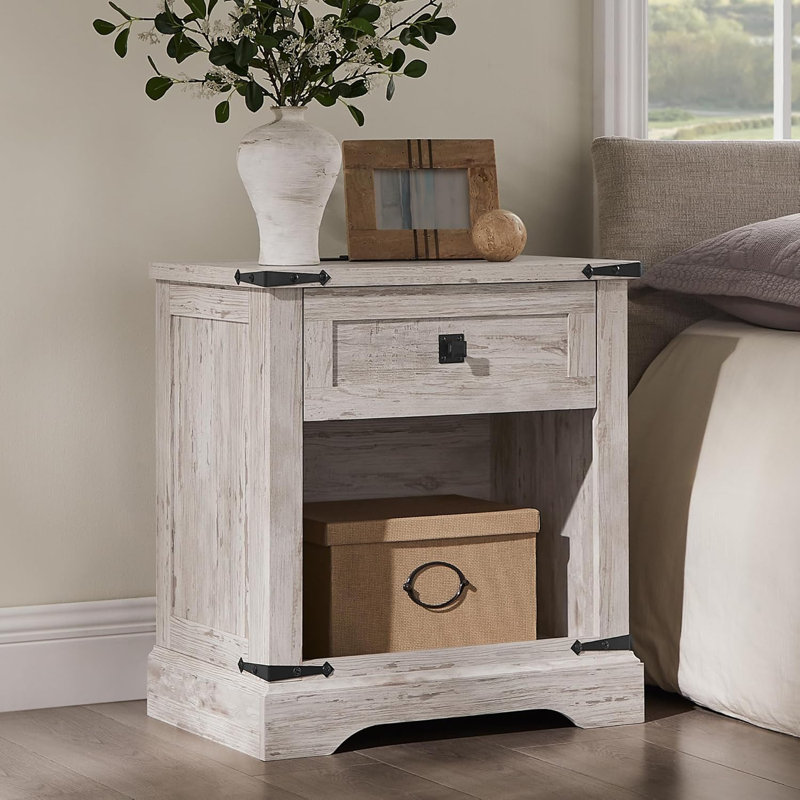 24" Farmhouse Nightstand With Charging Station, Rustic Weathered Wood Bedside Table With Drawer & Open Storage
