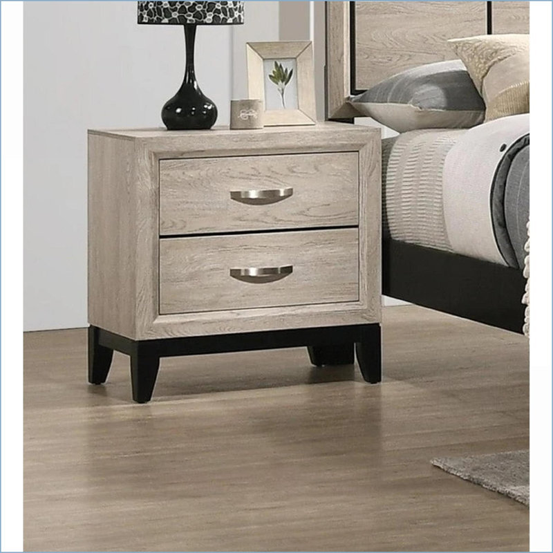 Table de chevet contemporaine à 2 tiroirs en bois avec poignées en métal, Blanc antique