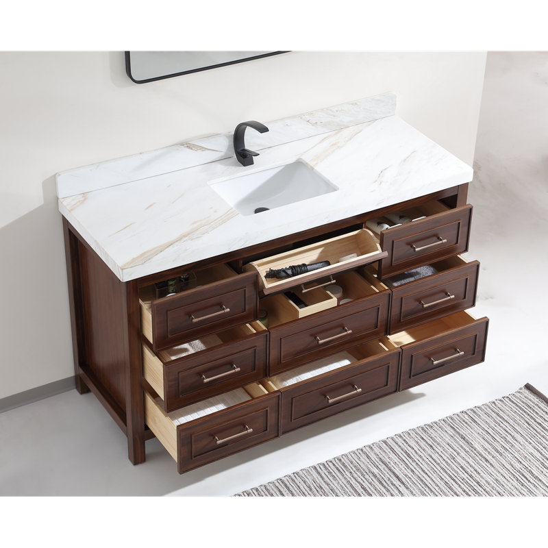 60" EBONY SINGLE SINK VANITY DARK FINISH WITH WK-60S TOP 2" THICK WHITE NATURAL TOP, Brown, White