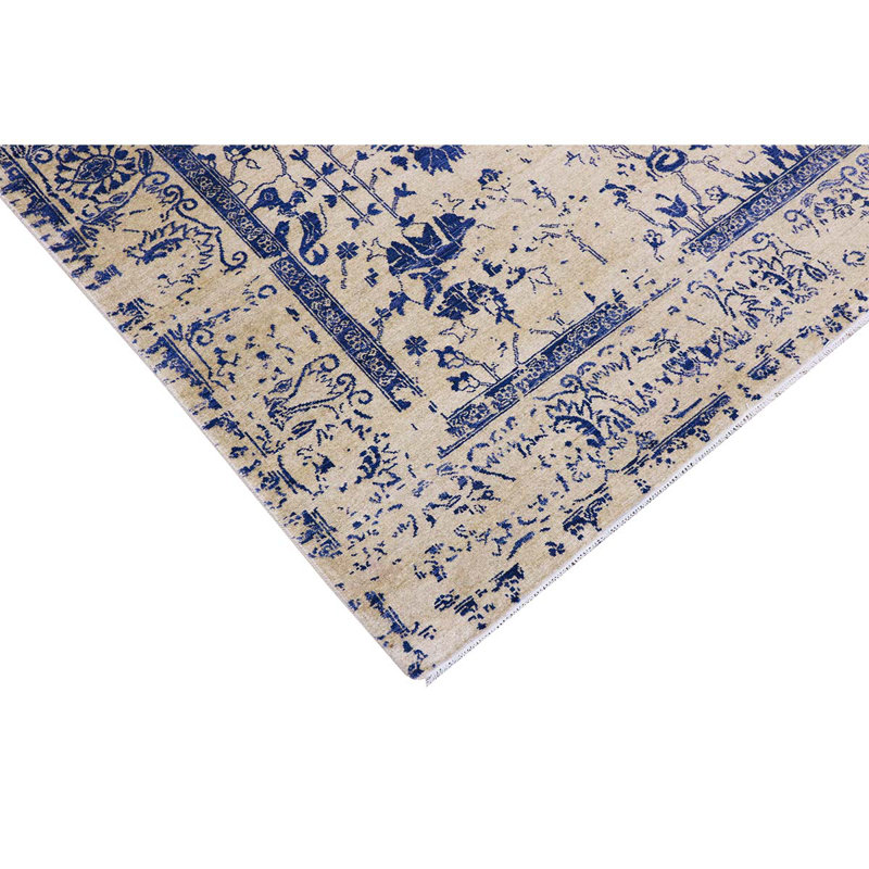Tapis naturel et bleu foncé de haute qualité noué à la main, Rectangle 6 pi x 9 pi