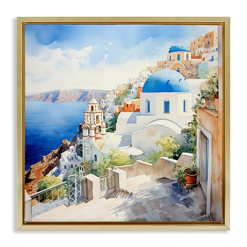 Paysage de la ville de Santorin, Cadre flottant métallique doré, H 18 po x l 18 po