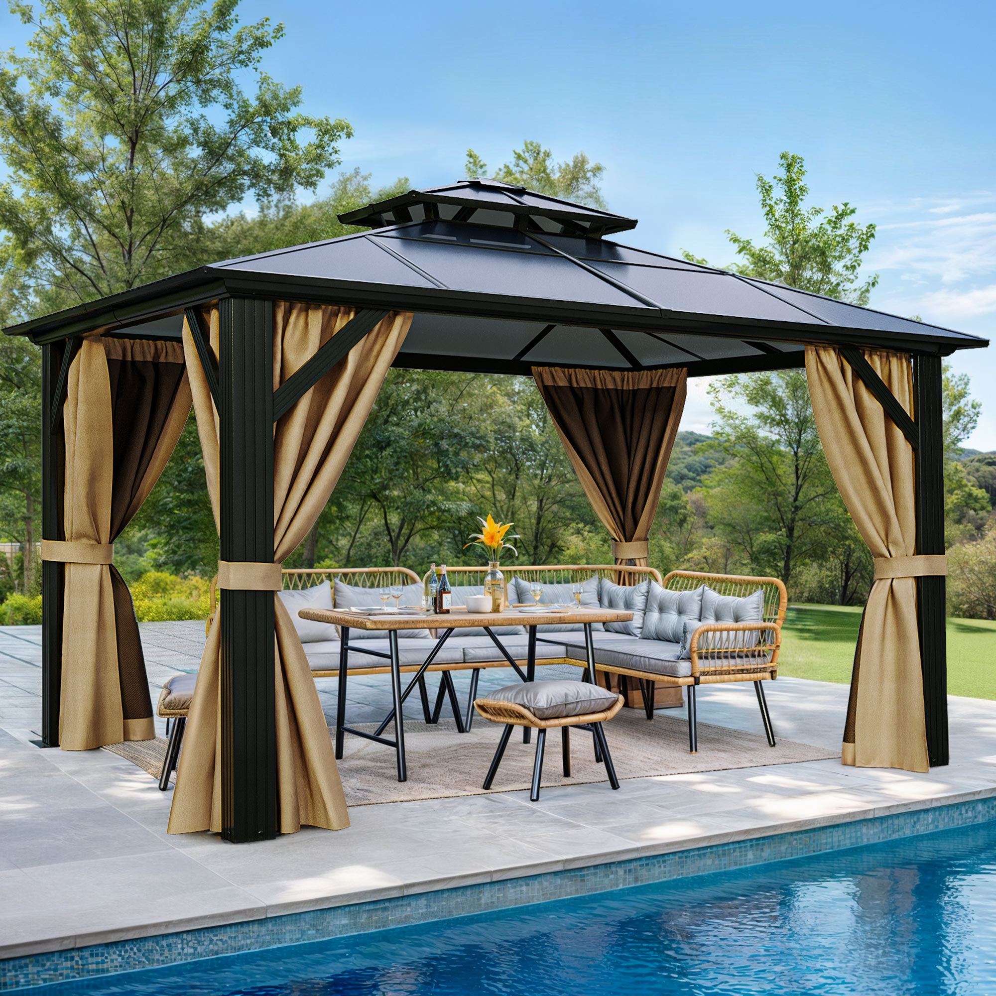 Edrosie Inc Grey Double Roof Hardtop Gazebo with Netting & Curtains | Wayfair