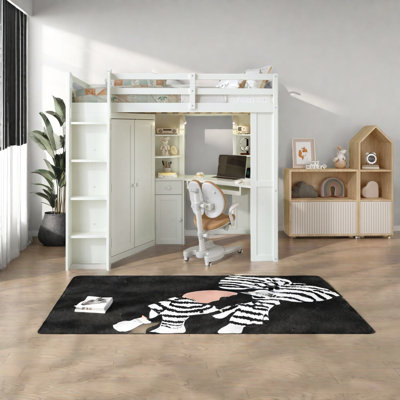 Lit mezzanine double gain de place avec grande armoire, design en bois pour usage domestique