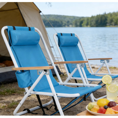 Folding Beach Chair With Adjustable Headrest – 4 Flexible Tilt Angles, Cup Holder, Portable & High Strength Cleanable Fabric, For Sand, Camping, Lawn, Concert, Travel & Festival