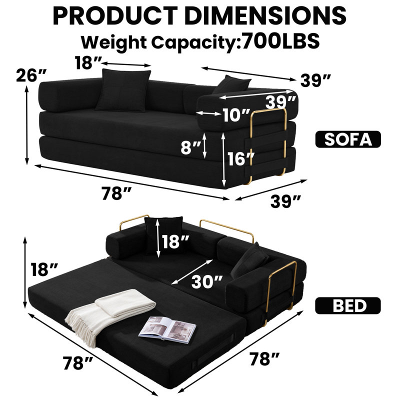 78-Inch King-Size Convertible Sleeper Sofa Bed with No Assembly, Hybrid Mattress Couch