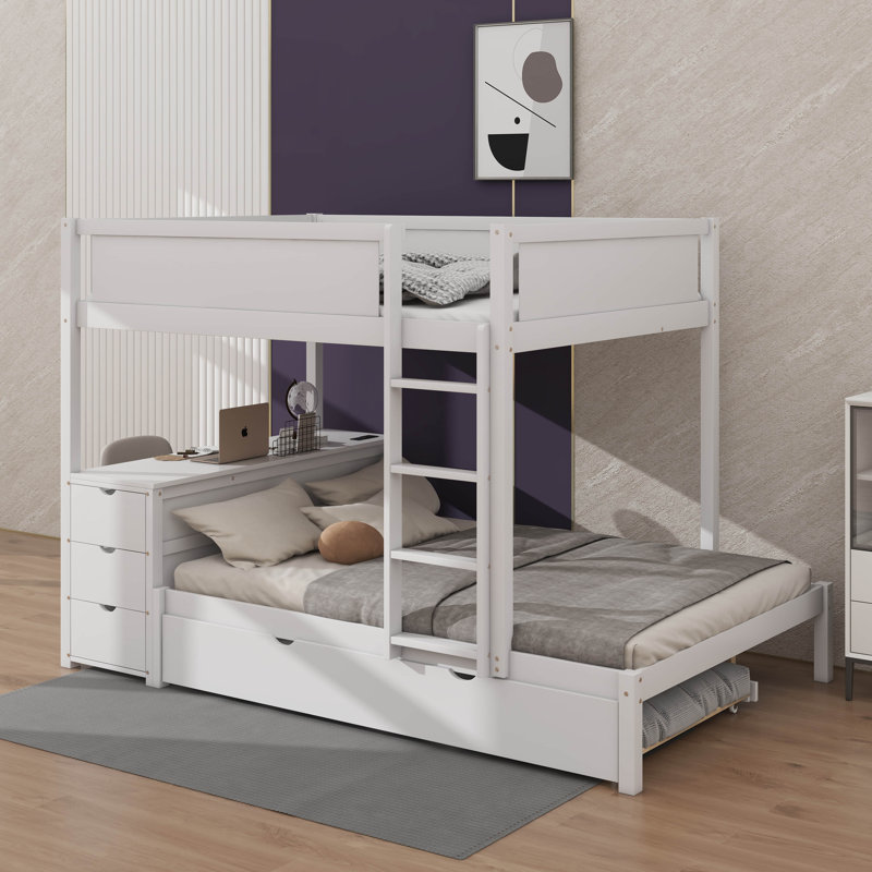 Lit superposé double avec lit gigogne simple, rangement et bureau, Blanc