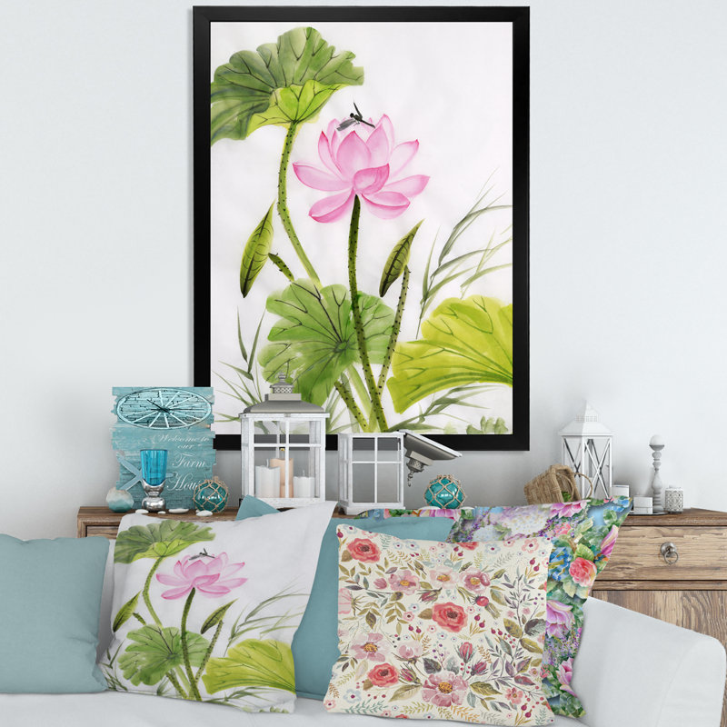 Simple fleur de lotus rétro avec feuilles vertes - reproduction sur toile, H 20 po x l 12 po x P 1,5 po