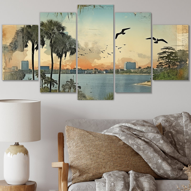 Rétro 1920 Miami Palm Trees Beachside I - Floride, art mural sur toile - 5 panneaux