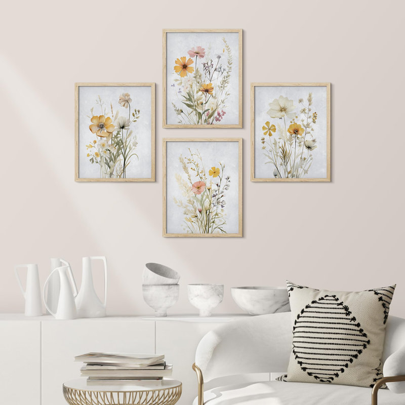 «Black and White Sunflowers Floral Botanical», impression sur papier 4 pièces, Naturel, H 14 po x l 11 po