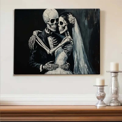 12*18，Skeleton Bride and Groom Canvas Art with Wooden Frame – Unique Romantic Wedding Decor for Living Room, Bedroom, or Bathroom – High-Quality 2D Flat Print on White Semi-Gloss Canvas, Wedding Decorations, 2D Flat