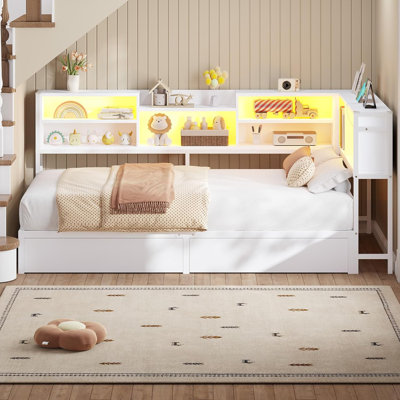 Daybed With 2 Underneath Storage Drawers And Charging Station, L-shape Corner Bed Frame With Storage Bookcase And Led Lights For Living Room, Bedroom & Guest Room
