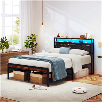 Full Size Metal Platform Bed Frame with Adjustable Upholstered Headboard