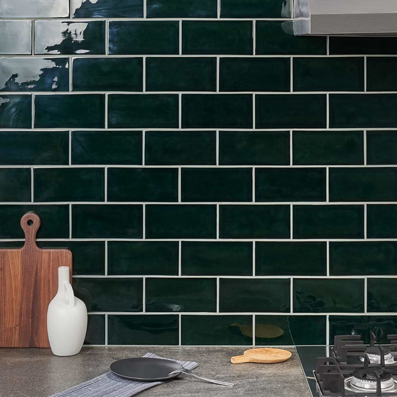 Nabi Subway Deep Emerald Green 4.5X9 Crackled Glossy Glass Tile, Midnight Blue Green