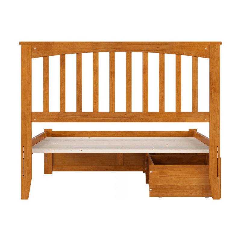 Lit plateforme en bois massif avec pieds de lit et tiroirs de rangement Mission, Caramel clair, Lit double