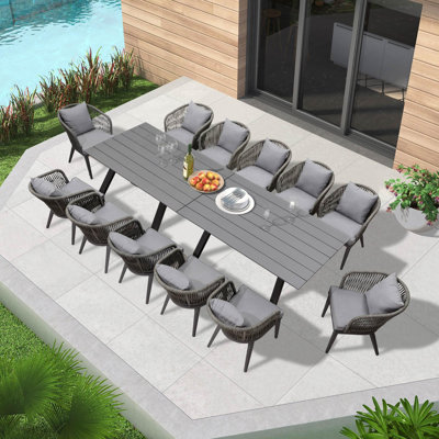 Shillington 14 Pieces Patio Dining Sets All-weather Wicker Patio Furniture With Rectangular Table Seating Sets For Garden Backyard Deck Outdoor Dining Sets With Cushions And Pillows