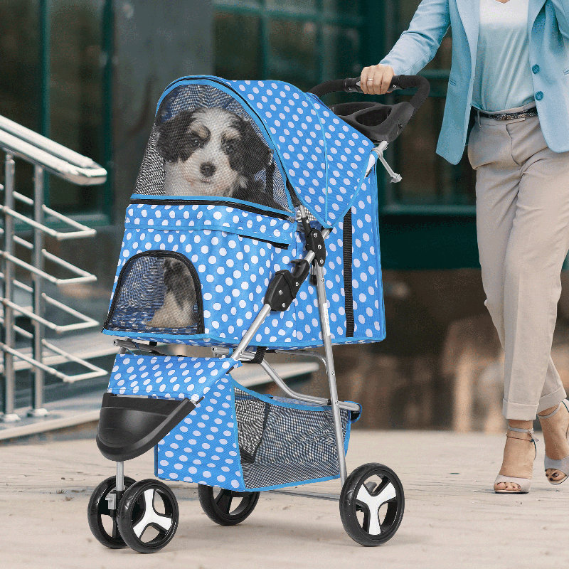 Sky Blue Polka Dot Foldable Pet Stroller with Storage