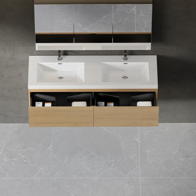 Ensemble de meuble-lavabo flottant 60 po avec lavabo 60 po, meuble de rangement mural moderne rayé avec tiroir à fermeture en douceur et double cuve à surface solide blanc brillant, chêne naturel CM-24V16-60NOW
