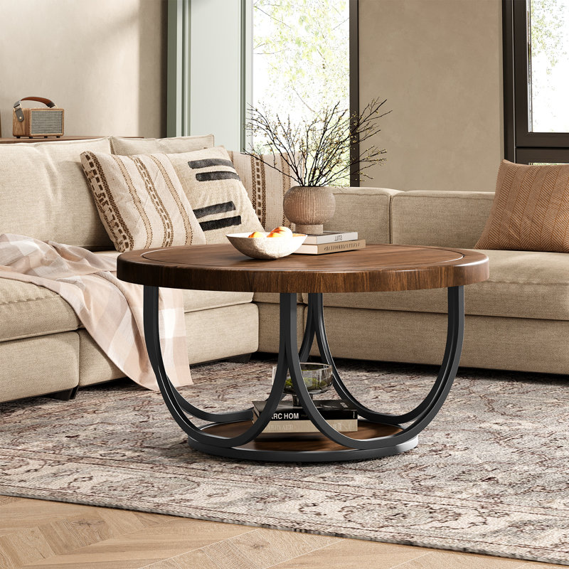31.5" Round Coffee Table, 2 -Tier Accent Cocktail Table, Brown/Black