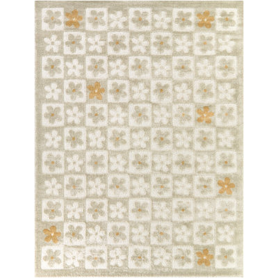 Matthes Cream Floral Checkered Area Rug