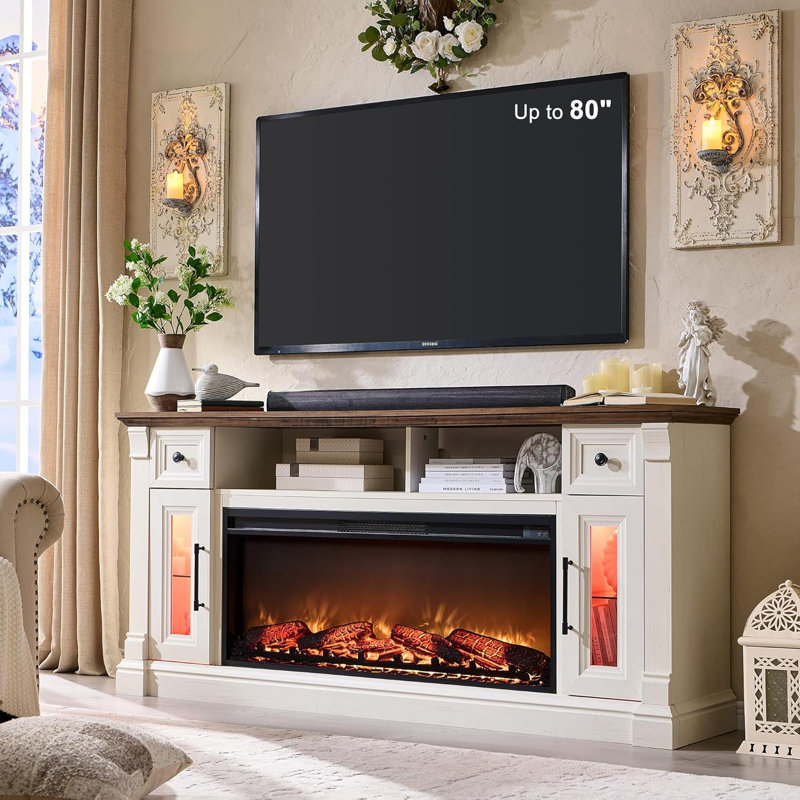 Diamandi Wood TV Stand with Fireplace, White